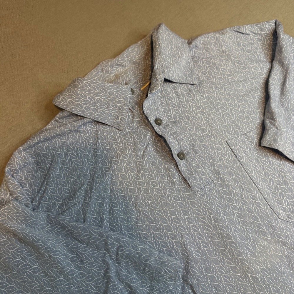 Toscano Silk Blend Leaf Print Polo Shirt Mens‎ Large Blue Short Sleeve Pocket